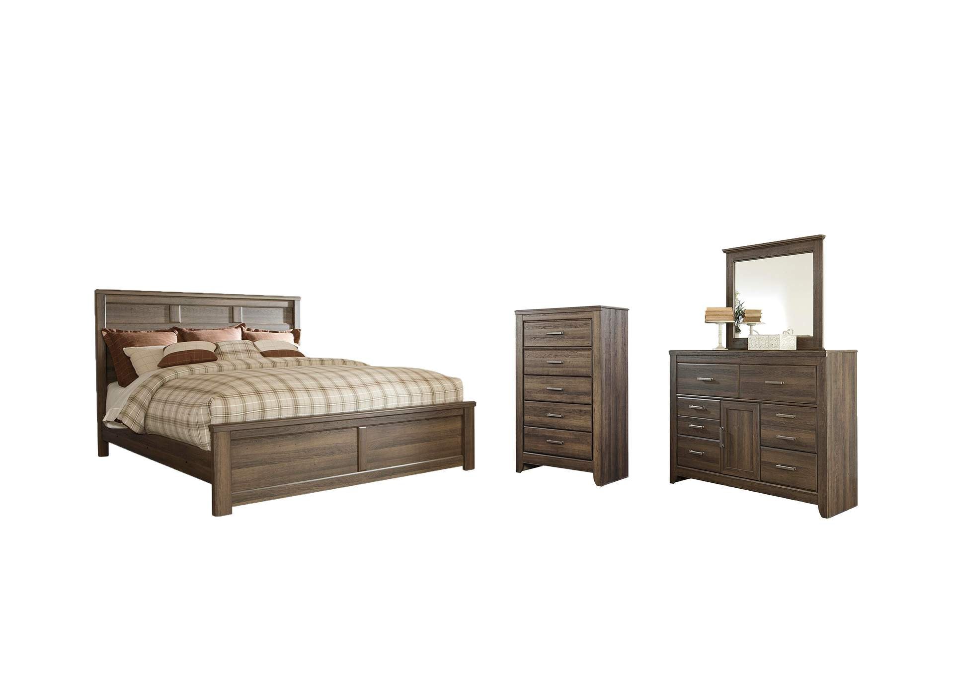 Juararo Queen Panel Bed with Mirrored Dresser and Chest