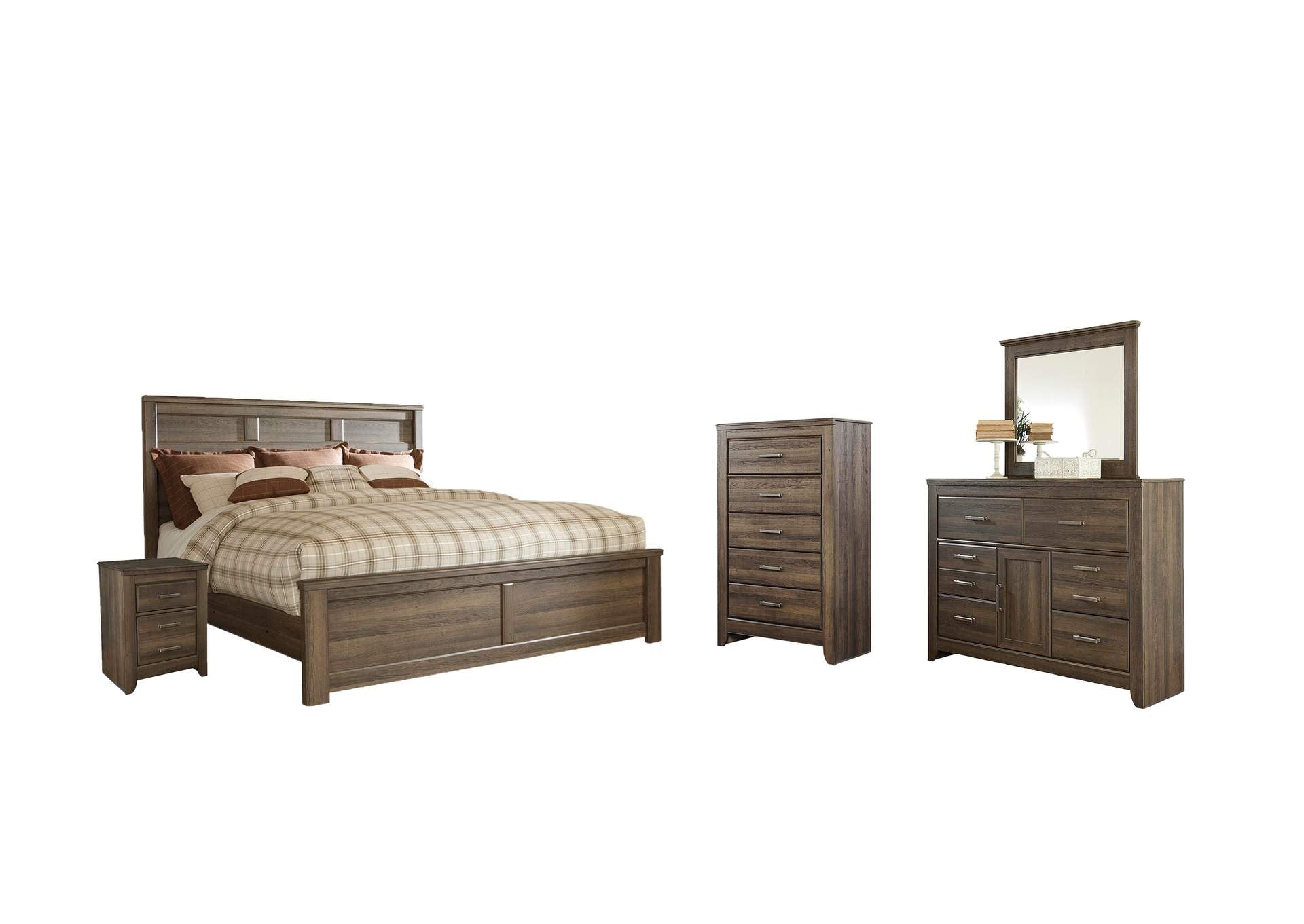 Juararo Queen Panel Bed with Mirrored Dresser, Chest and Nightstand