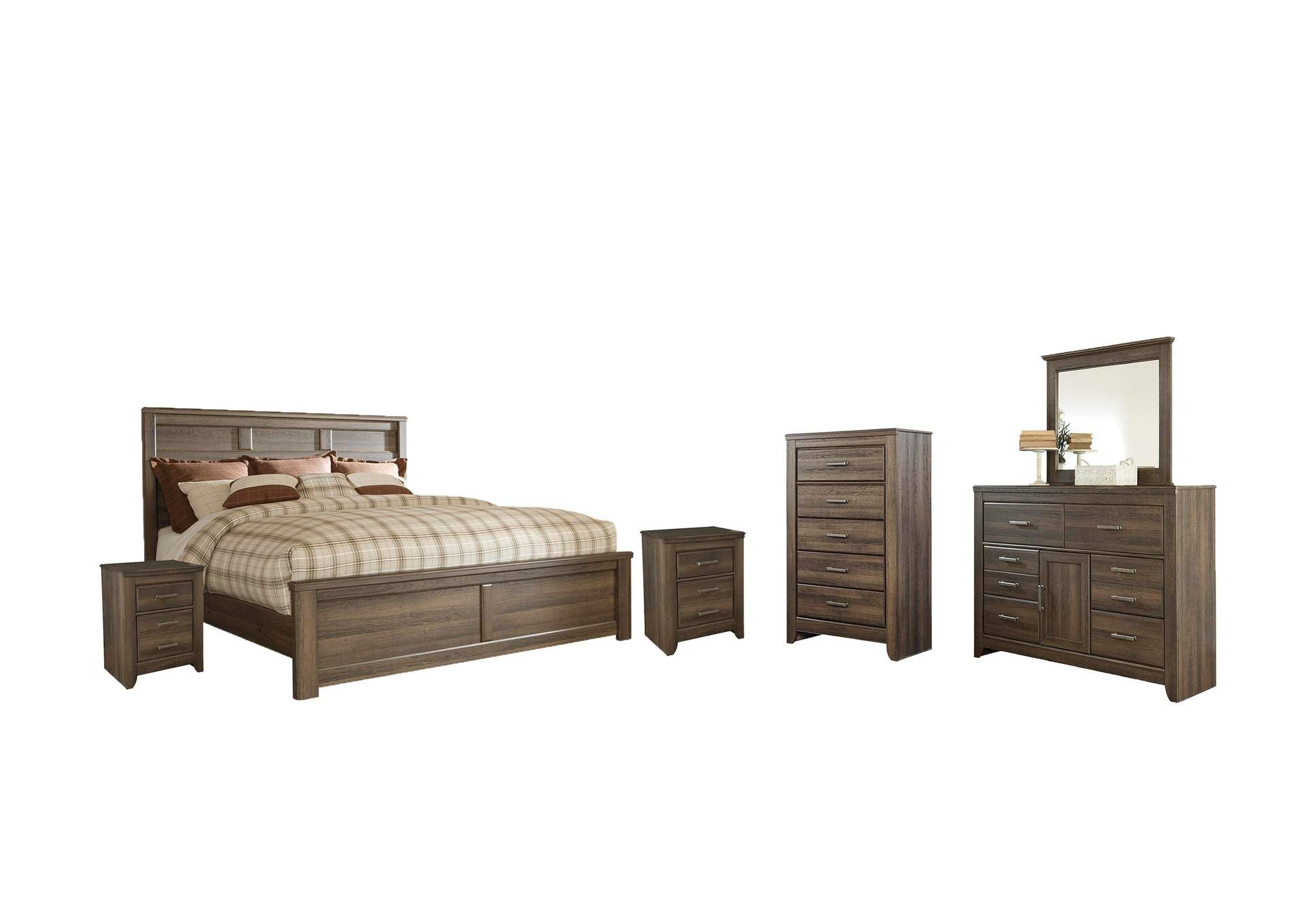 Juararo Queen Panel Bed with Mirrored Dresser, Chest and 2 Nightstands