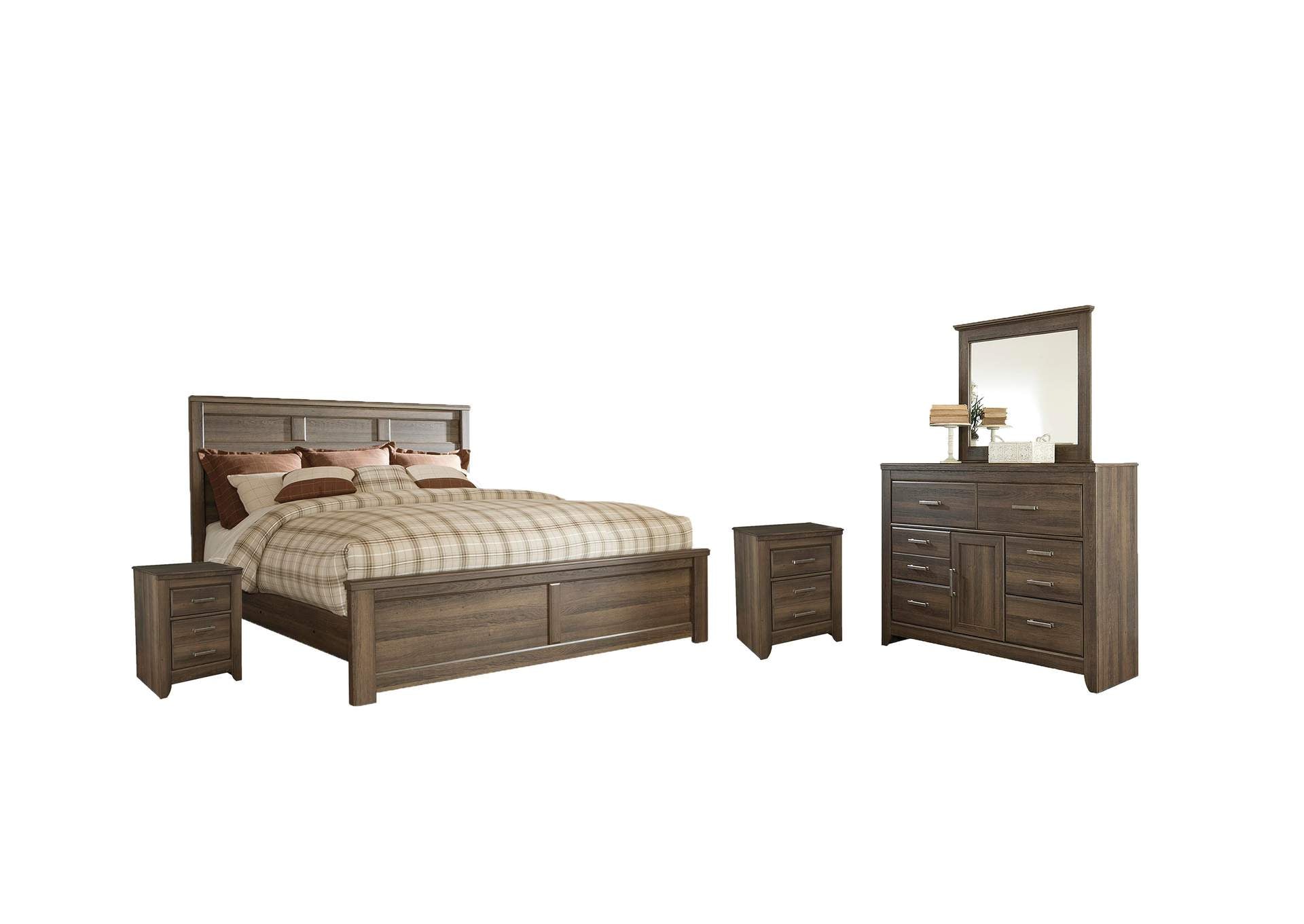 Juararo Queen Panel Bed with Mirrored Dresser and 2 Nightstands