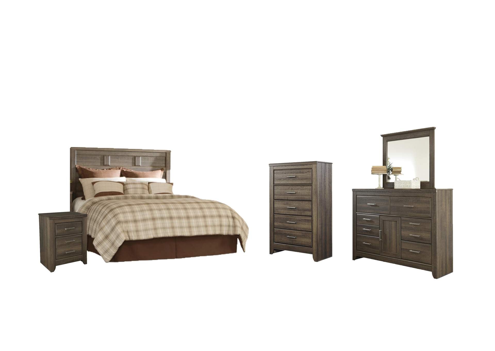 Juararo Queen Panel Headboard Bed with Mirrored Dresser, Chest and Nightstand