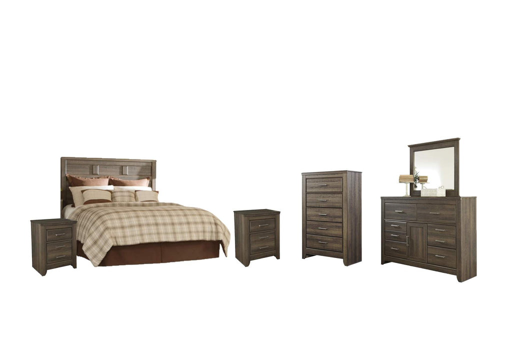 Juararo Queen Panel Headboard Bed with Mirrored Dresser, Chest and 2 Nightstands