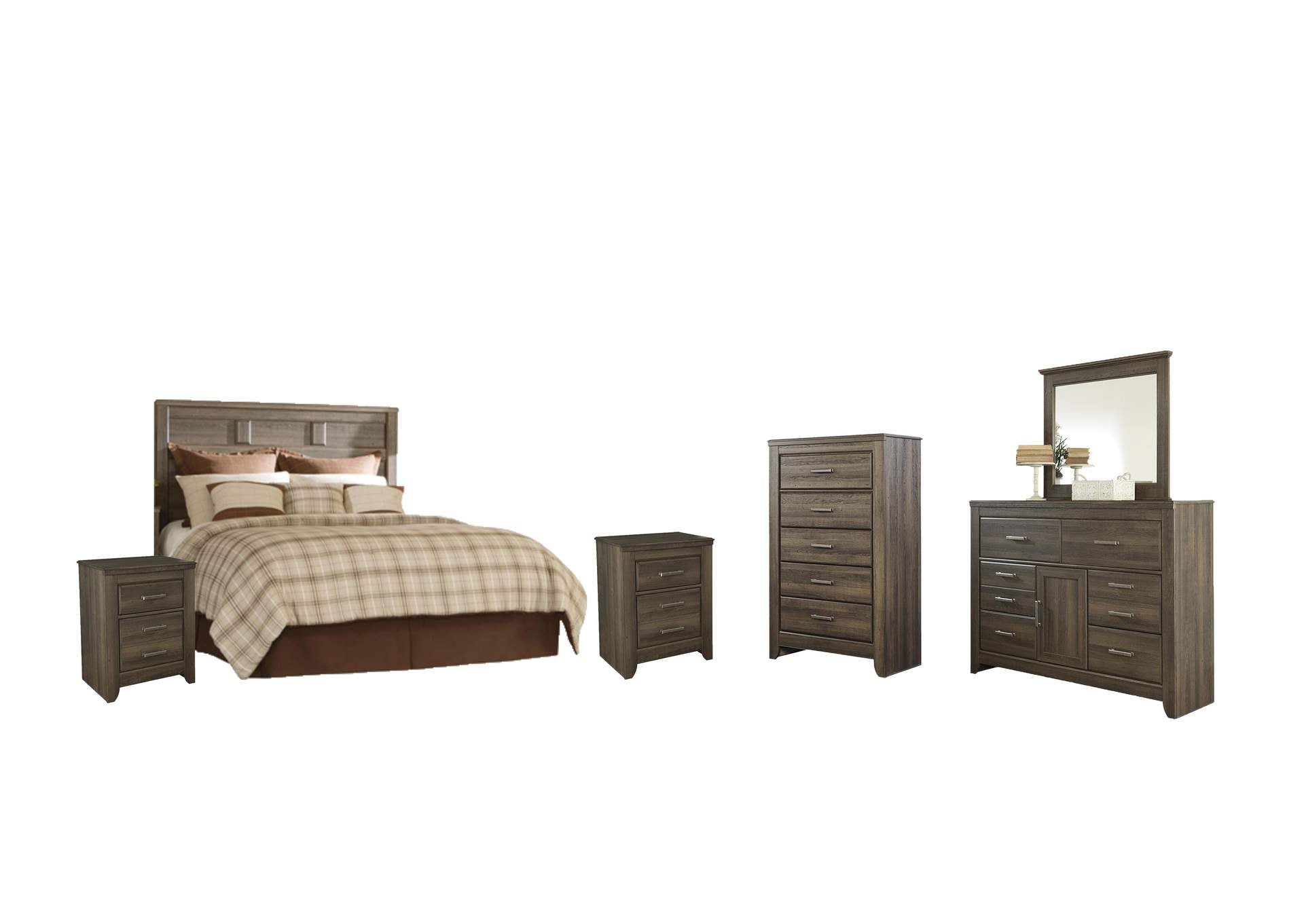 Juararo Queen Panel Headboard Bed with Mirrored Dresser, Chest and 2 Nightstands