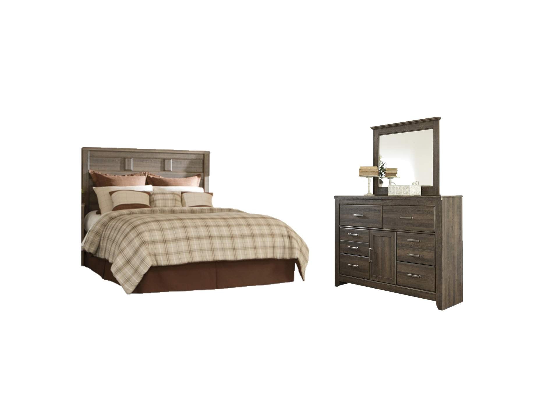 Juararo Queen Panel Headboard Bed with Mirrored Dresser