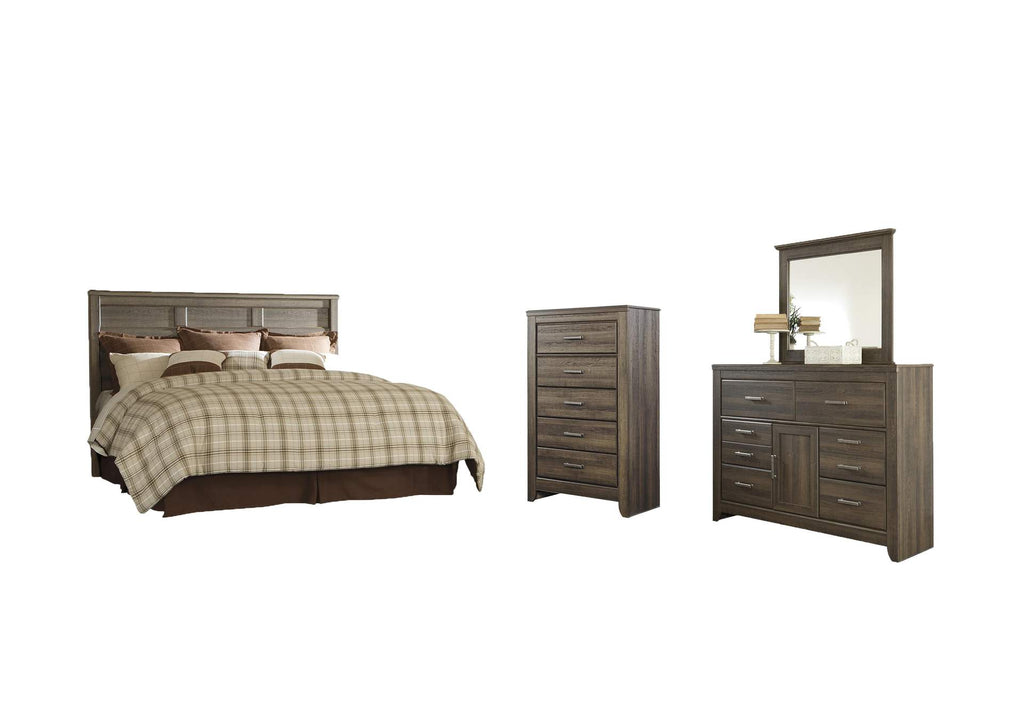 Juararo King/California King Panel Headboard Bed with Mirrored Dresser and Chest