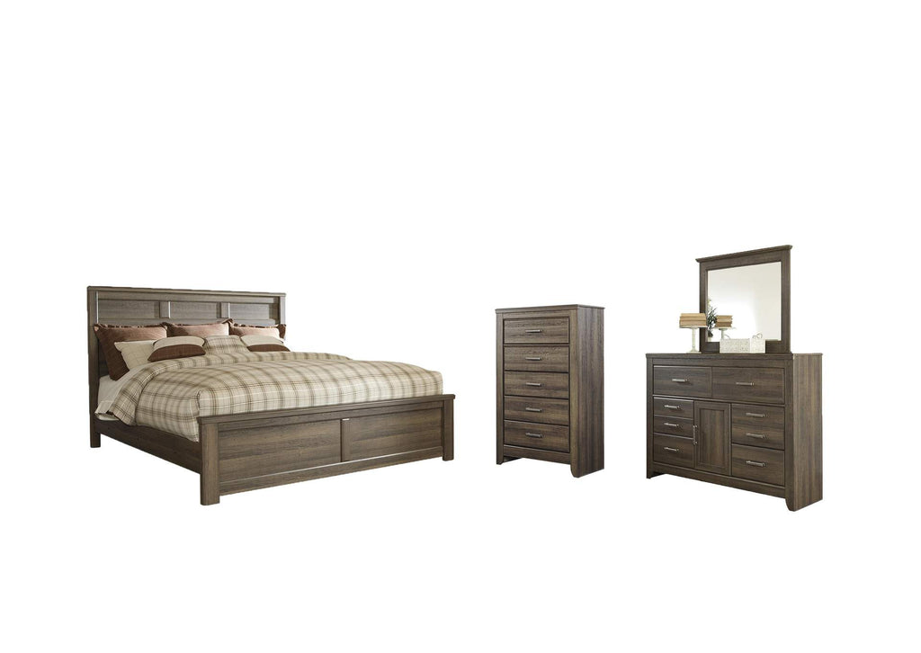 Juararo King Panel Bed with Mirrored Dresser and Chest