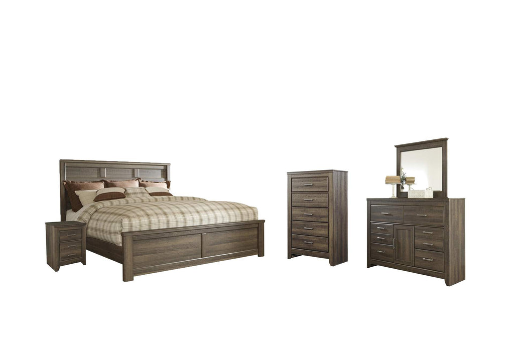 Juararo California King Panel Bed with Mirrored Dresser, Chest and Nightstand