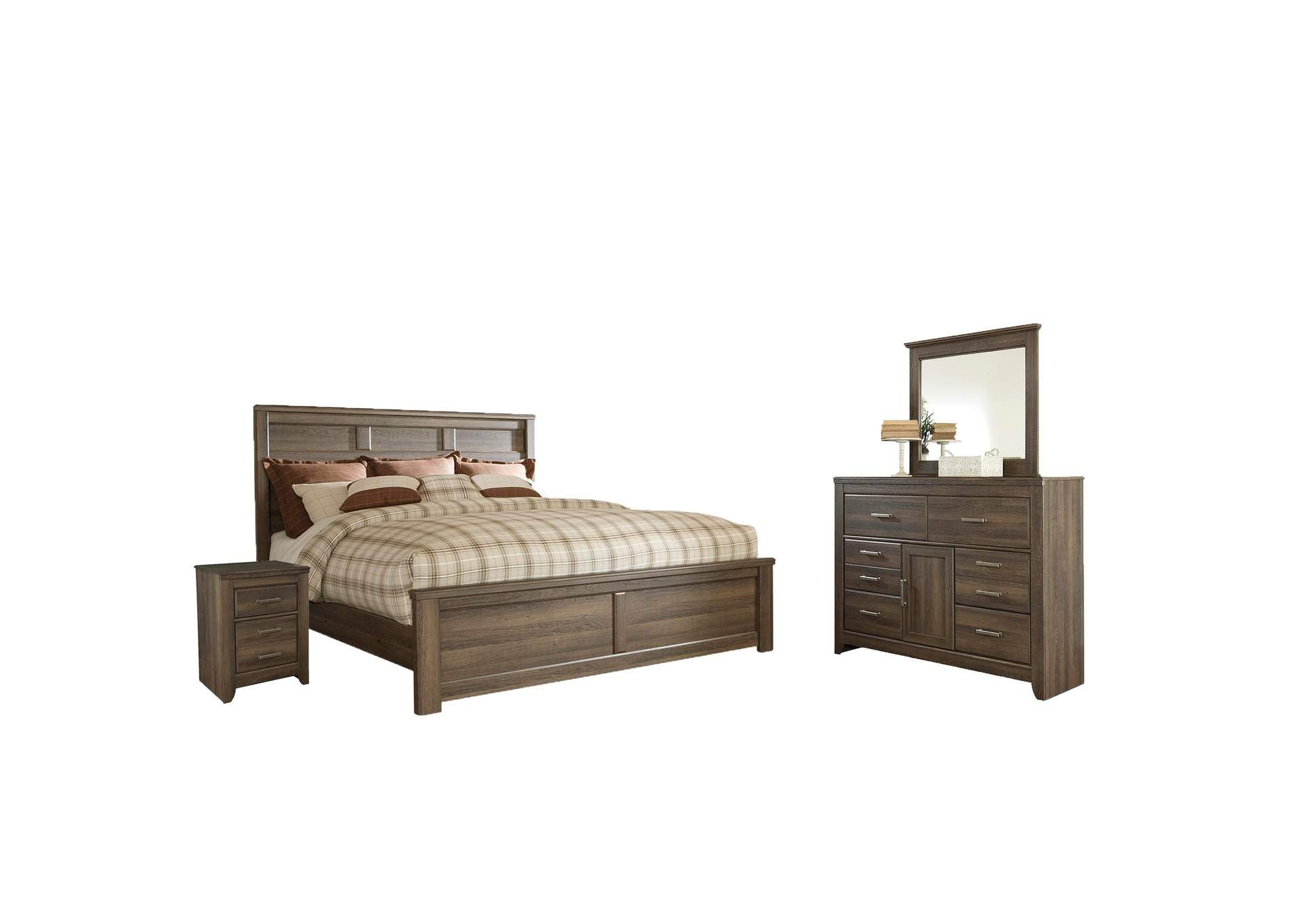 Juararo King Panel Bed with Mirrored Dresser and 2 Nightstands
