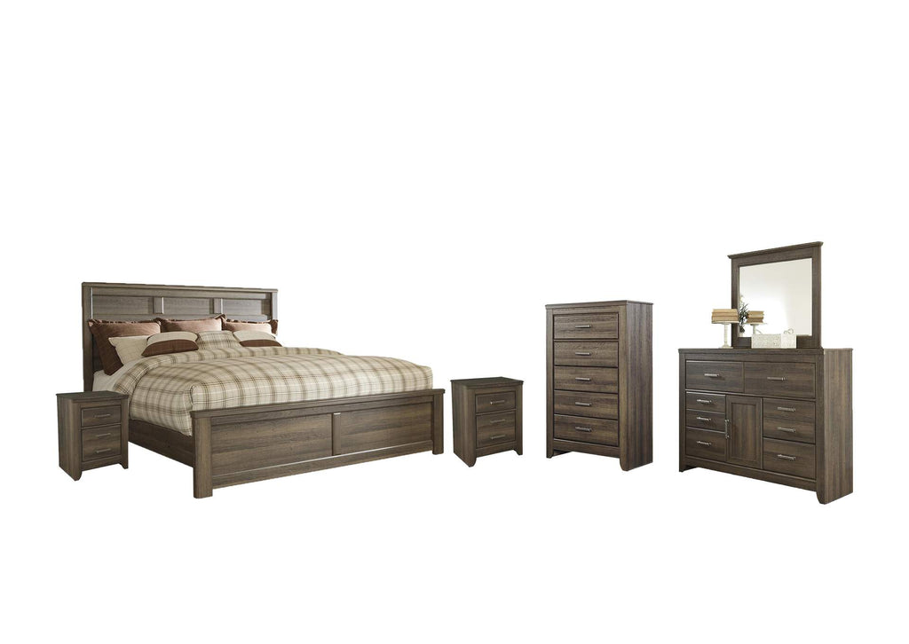 Juararo California King Panel Bed with Mirrored Dresser, Chest and 2 Nightstands