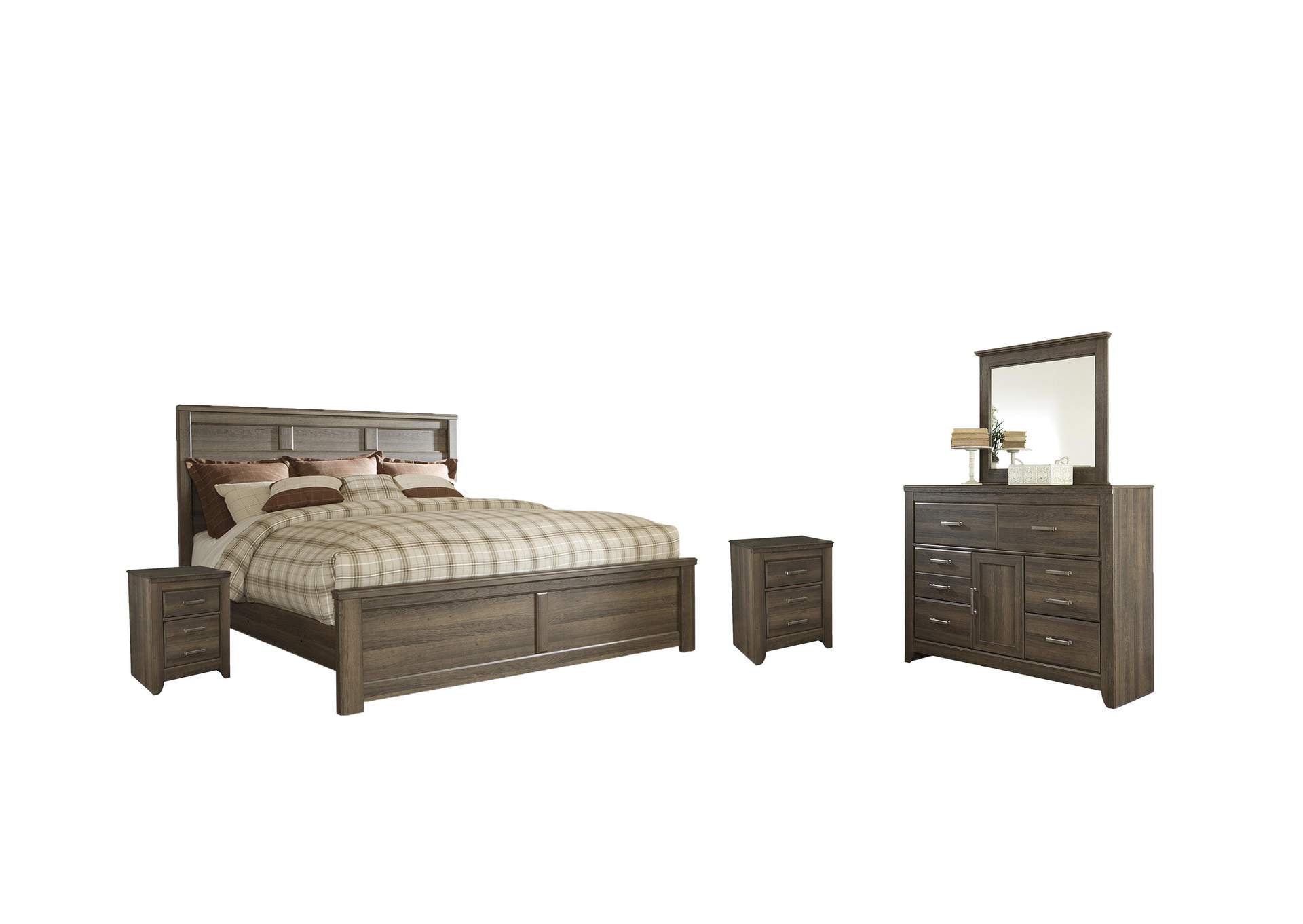 Juararo California King Panel Bed with Mirrored Dresser and 2 Nightstands