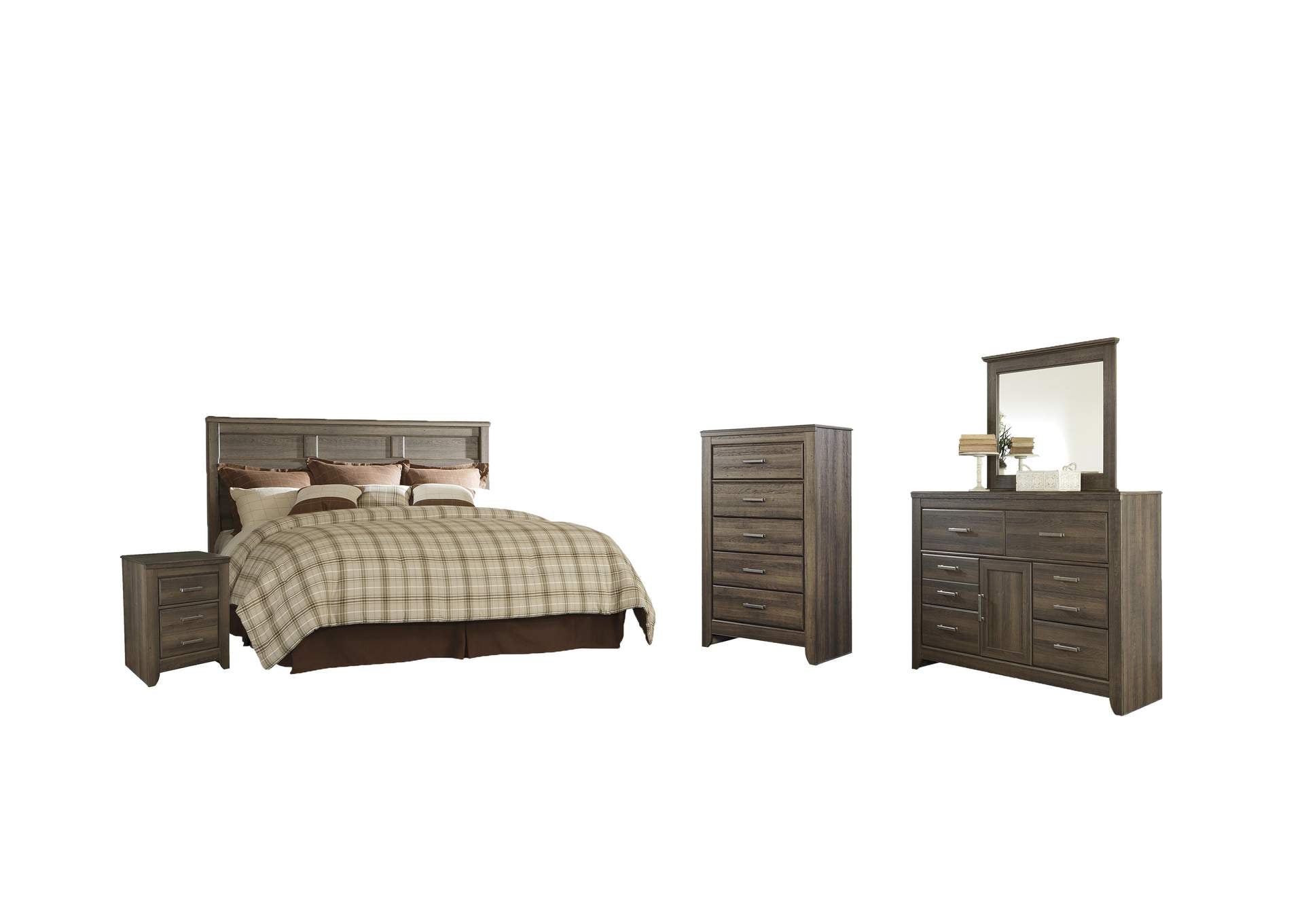 Juararo King/California King Panel Headboard Bed with Mirrored Dresser, Chest and Nightstand