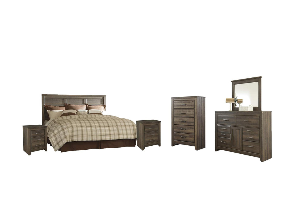 Juararo King/California King Panel Headboard Bed with Mirrored Dresser, Chest and 2 Nightstands