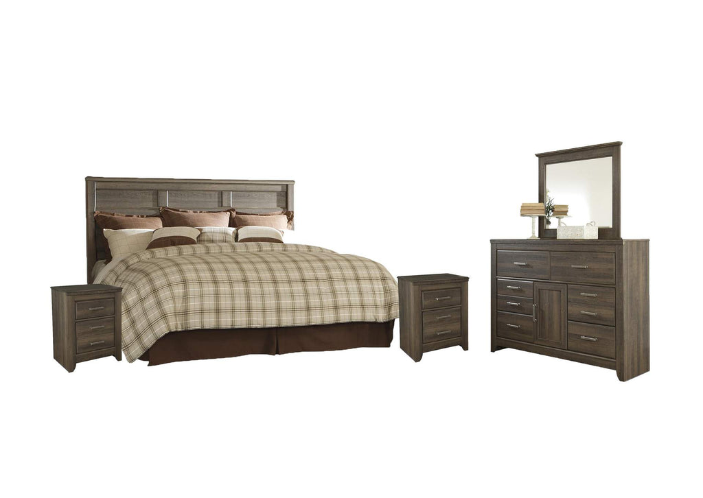 Juararo King/California King Panel Headboard Bed with Mirrored Dresser and 2 Nightstands