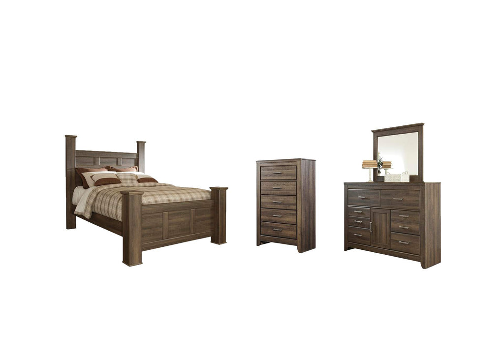 Juararo Queen Poster Bed with Mirrored Dresser and Chest