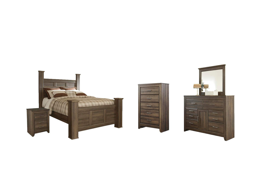 Juararo Queen Poster Bed with Mirrored Dresser, Chest and Nightstand