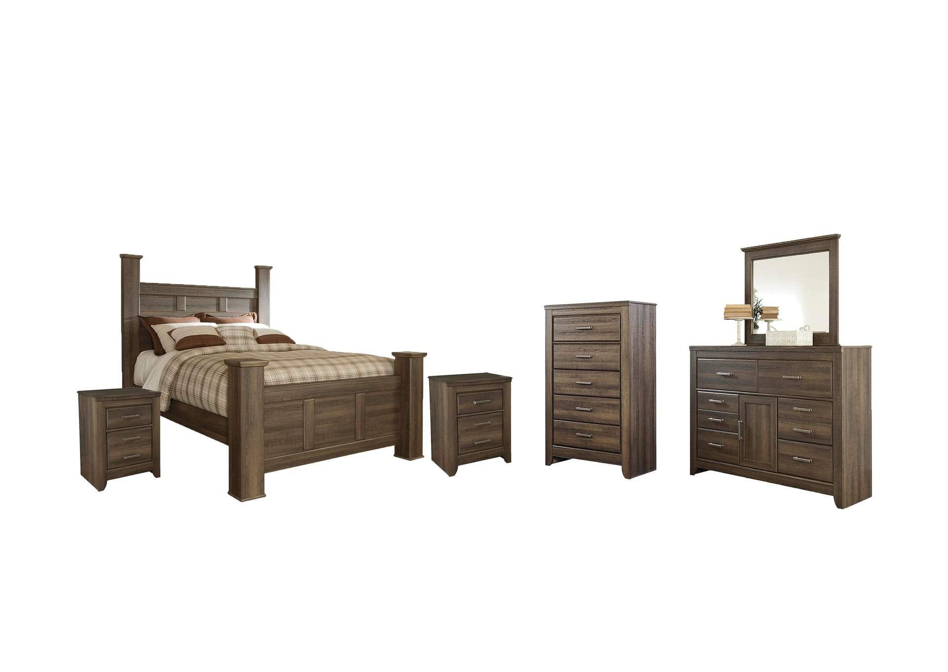 Juararo Queen Poster Bed with Mirrored Dresser, Chest and 2 Nightstands