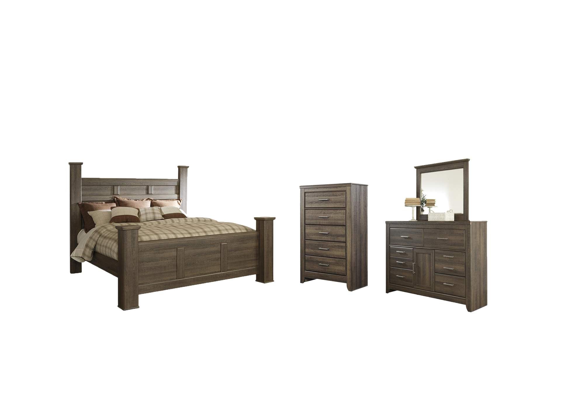 Juararo California King Poster Bed with Mirrored Dresser and Chest