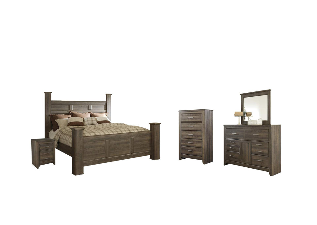 Juararo King Poster Bed with Mirrored Dresser, Chest and Nightstand