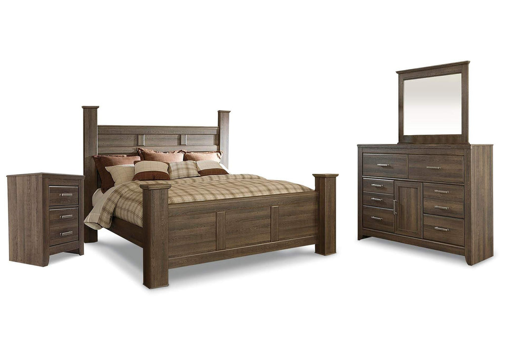 Juararo King Poster Bed with Mirrored Dresser and Nightstand