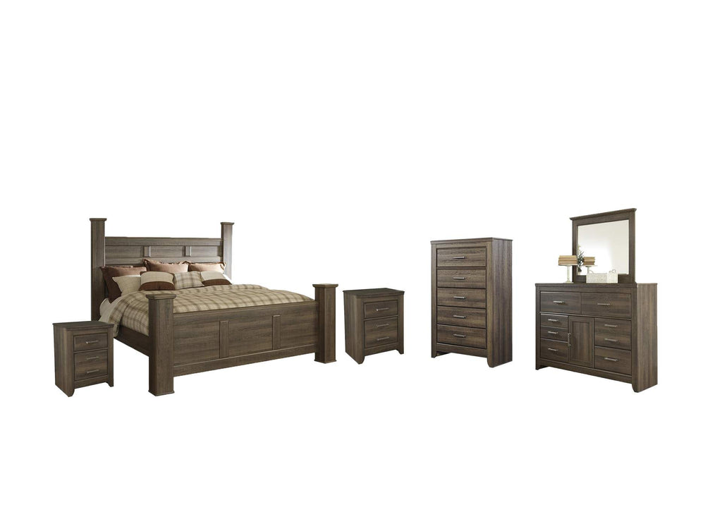 Juararo King Poster Bed with Mirrored Dresser, Chest and 2 Nightstands