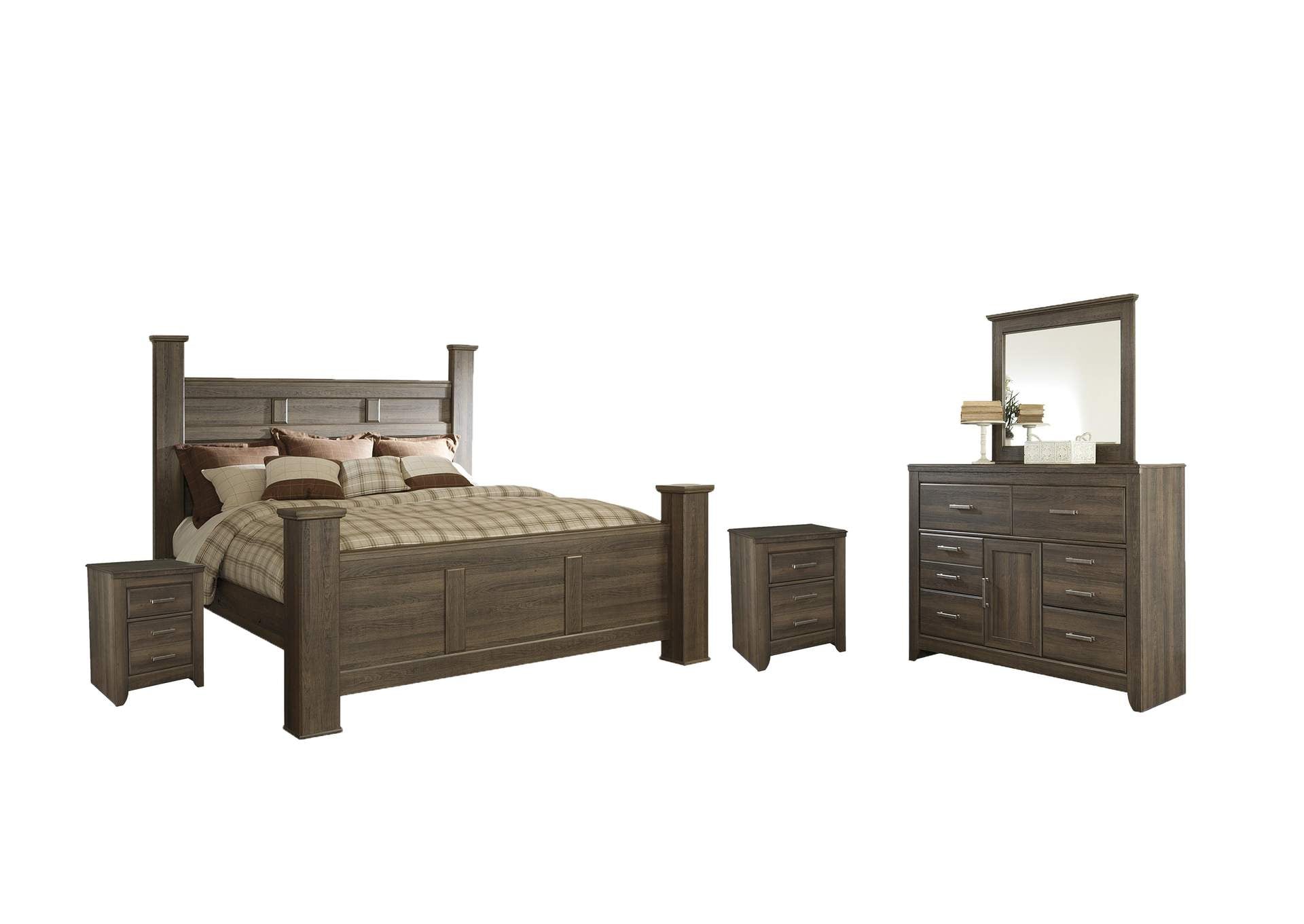 Juararo California King Poster Bed with Mirrored Dresser and 2 Nightstands