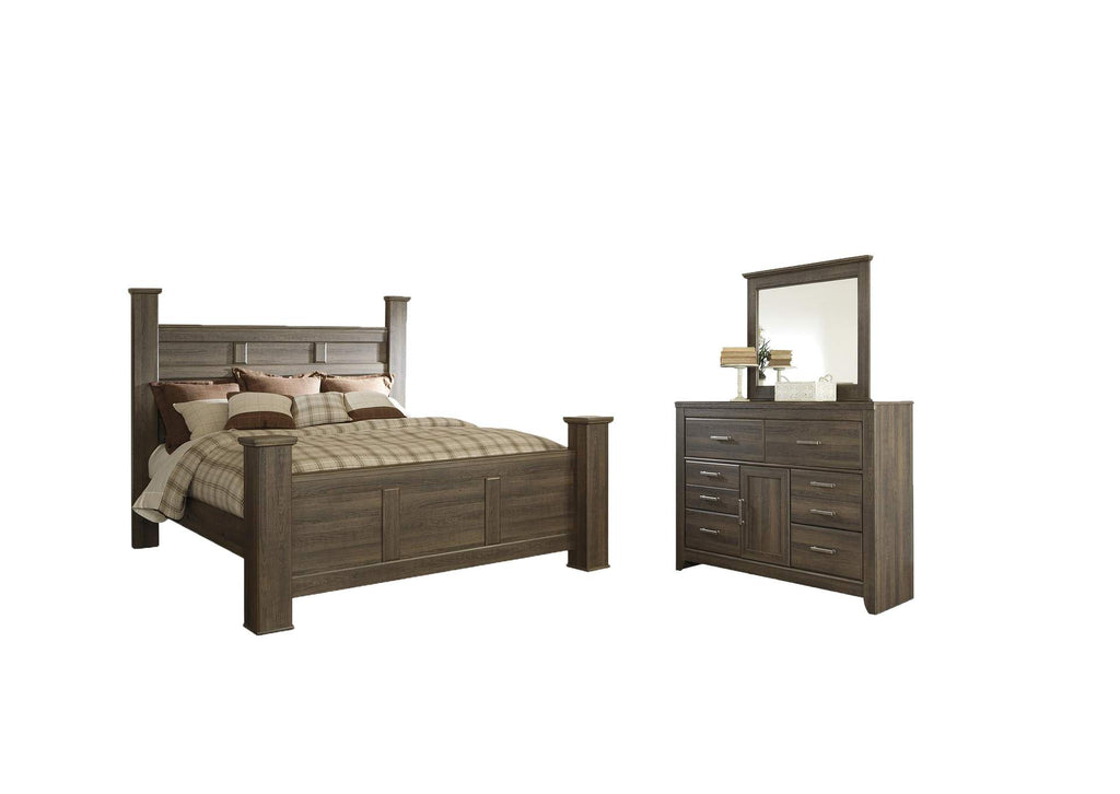 Juararo California King Poster Bed with Mirrored Dresser