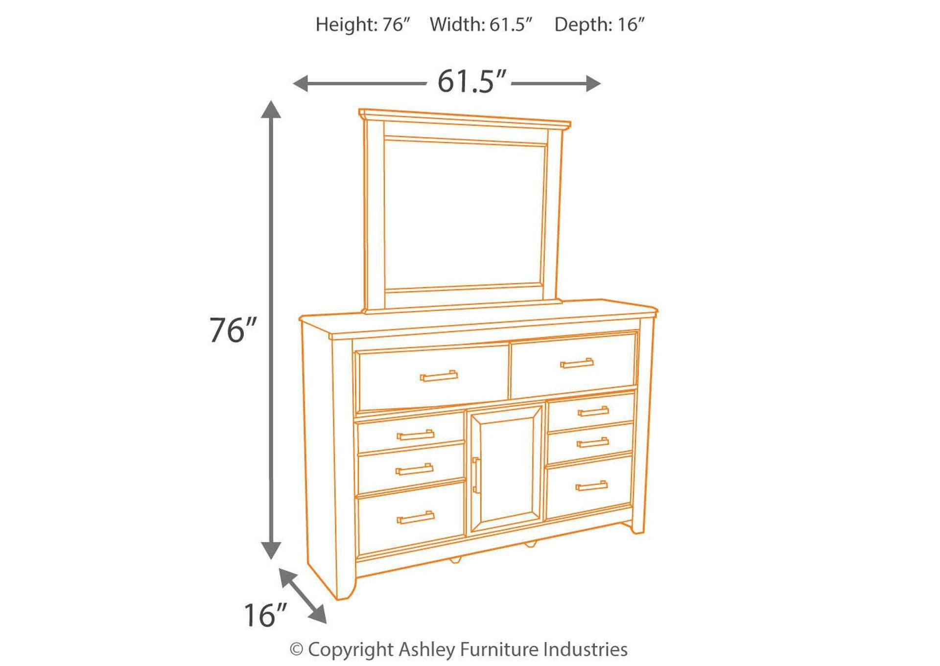 Juararo California King Panel Bed with Mirrored Dresser, Chest and Nightstand dimensions