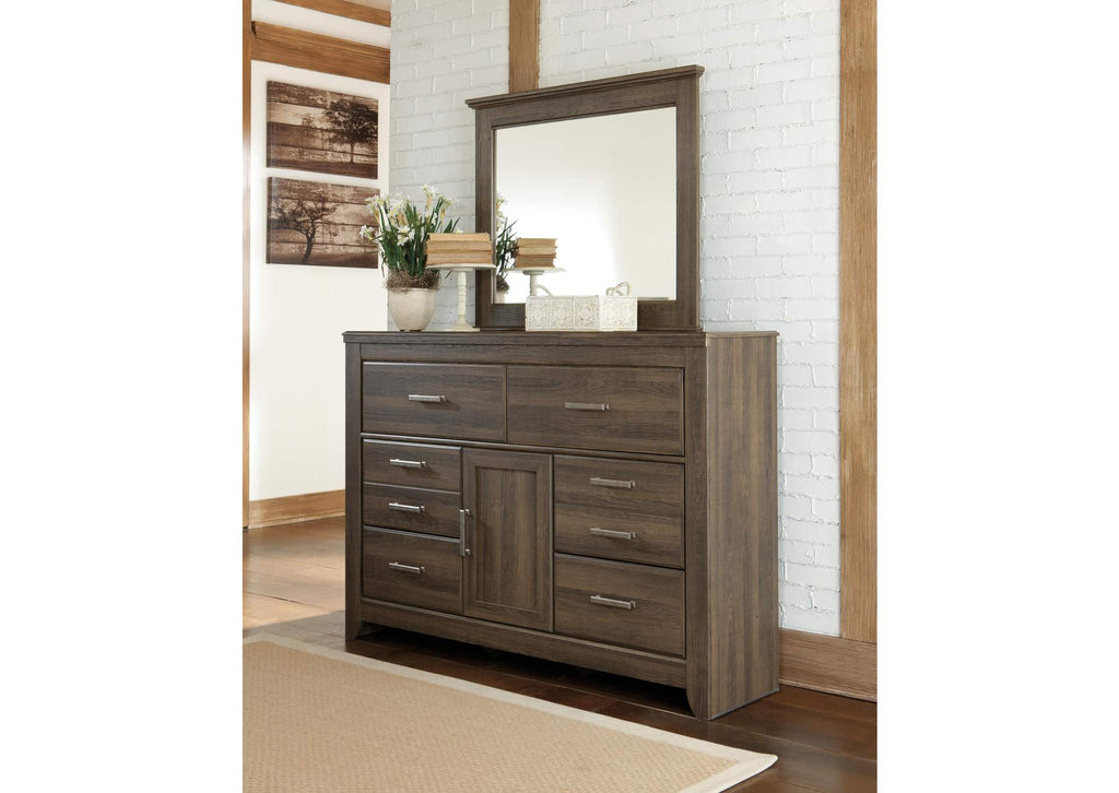 Juararo California King Panel Bed with Mirrored Dresser, Chest and Nightstand