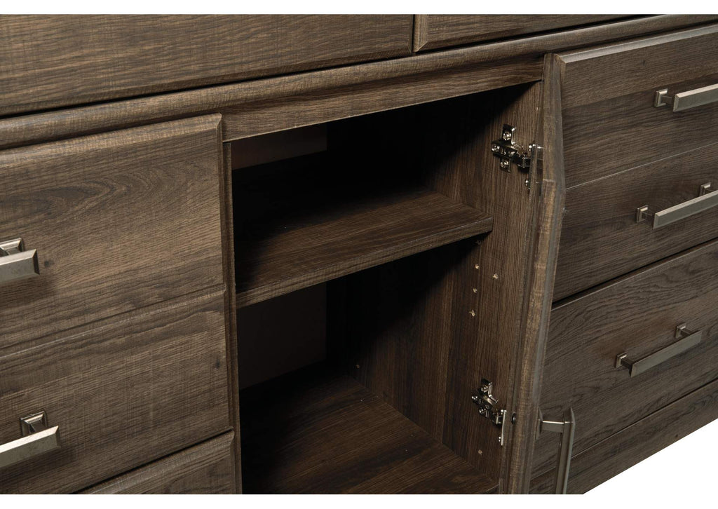 Juararo Queen Poster Bed with Mirrored Dresser and 2 Nightstands detail