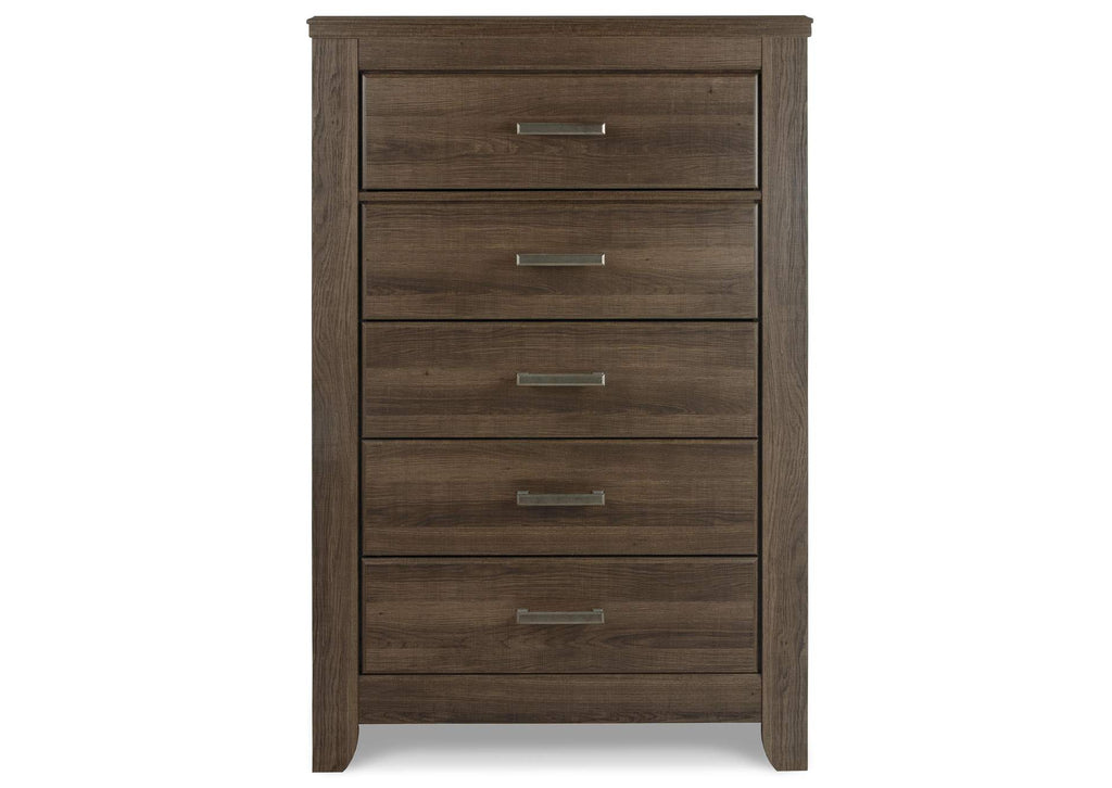 Juararo California King Panel Bed with Mirrored Dresser, Chest and Nightstand front view