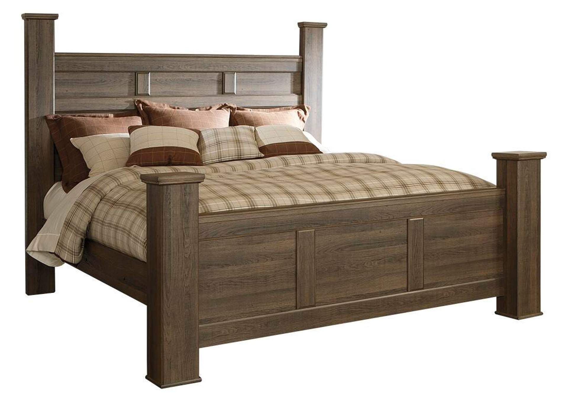 Juararo California King Poster Bed with Mirrored Dresser and 2 Nightstands