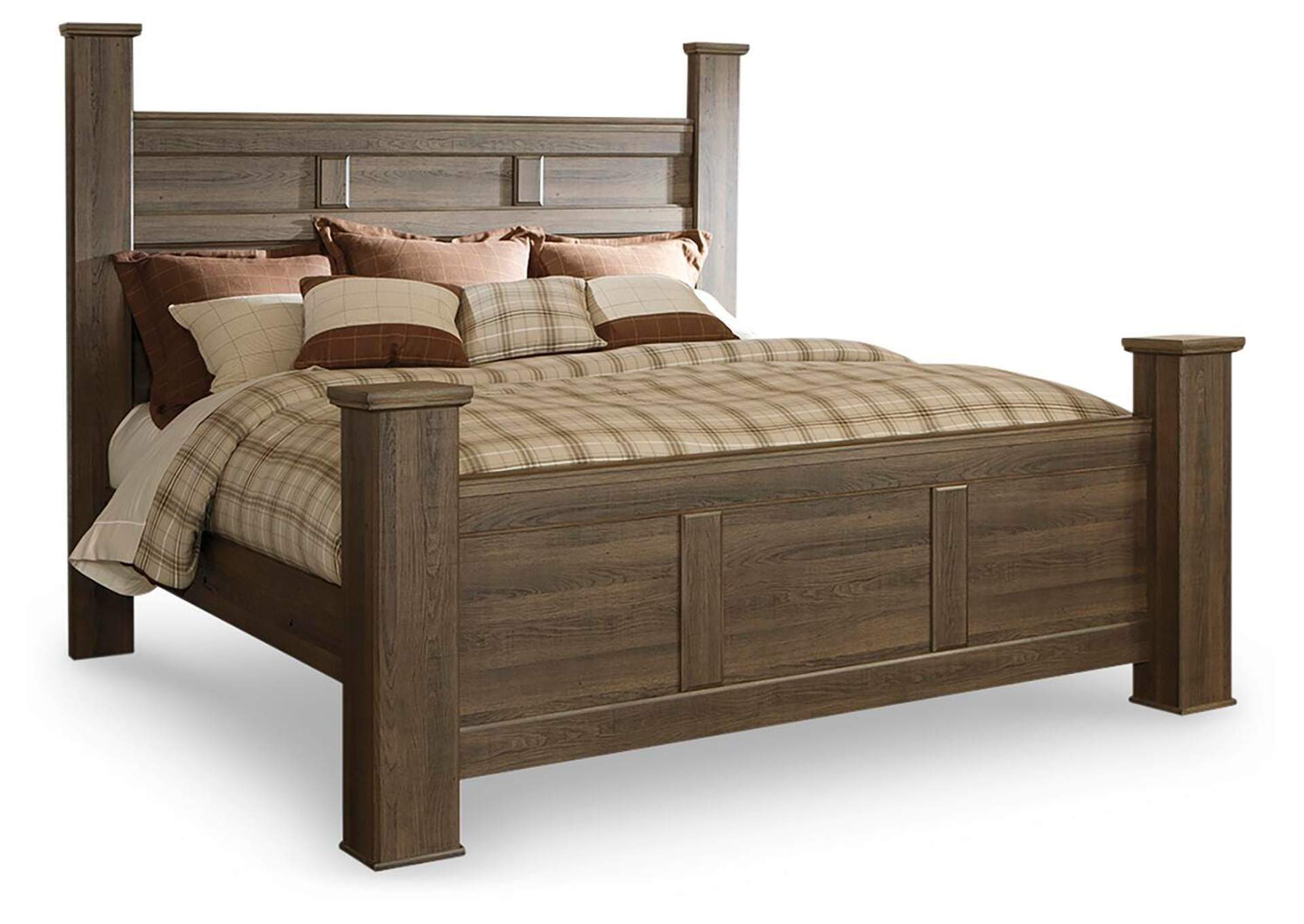Juararo King Poster Bed with Mirrored Dresser and Nightstand
