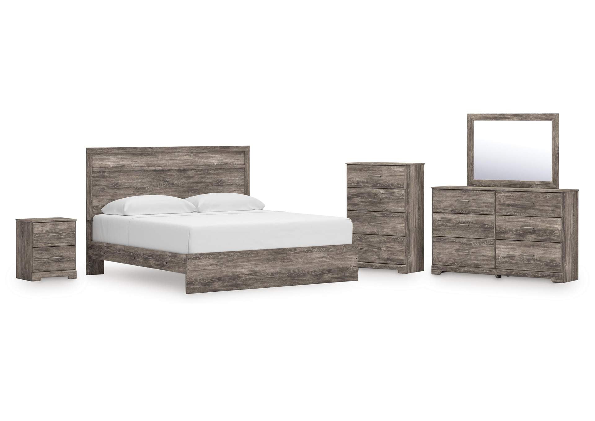 Ralinksi King Panel Bed with Mirrored Dresser, Chest and Nightstand