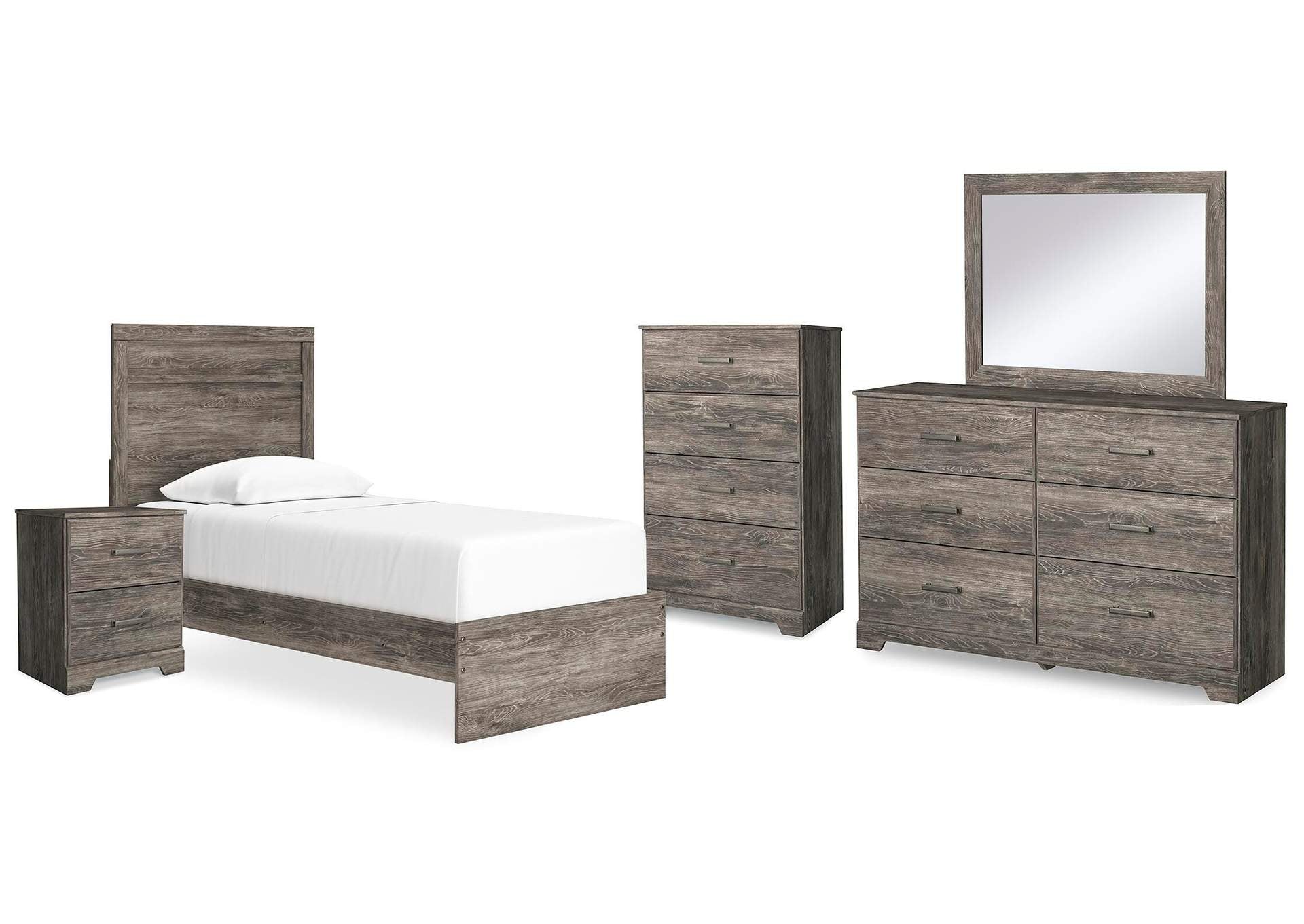 Ralinksi Twin Panel Bed with Mirrored Dresser, Chest and Nightstand