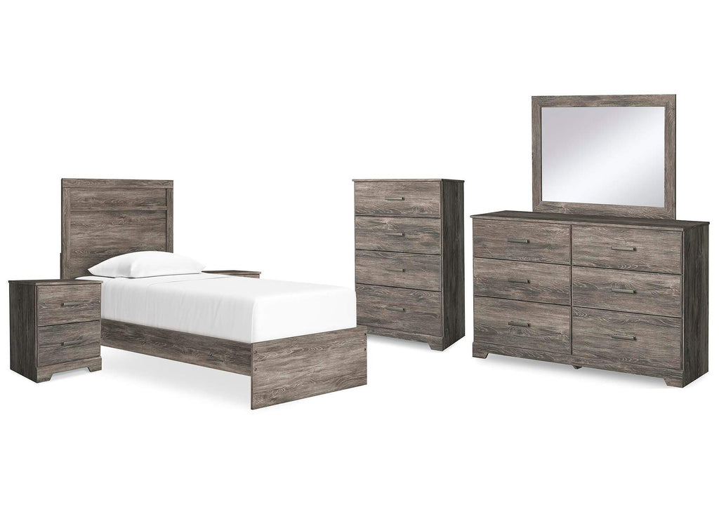 Ralinksi Twin Panel Bed with Mirrored Dresser, Chest and 2 Nightstands