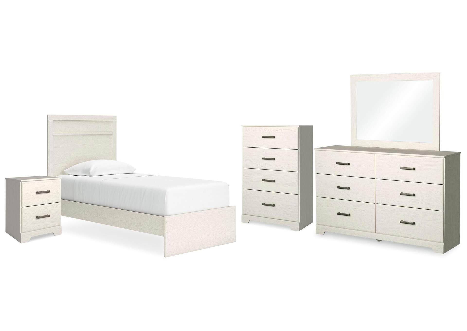 Stelsie Twin Panel Bed with Mirrored Dresser, Chest and Nightstand