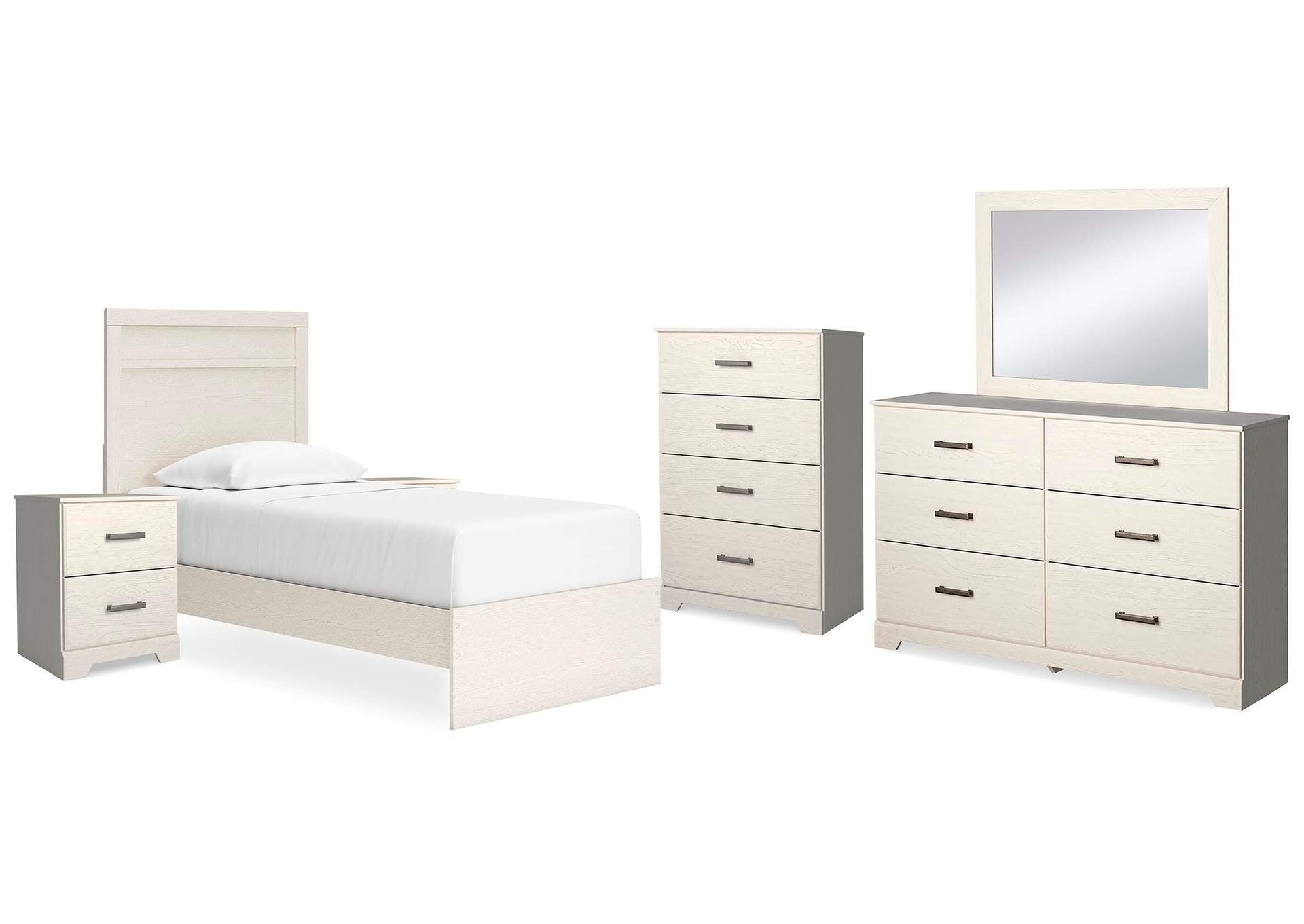 Stelsie Twin Panel Bed with Mirrored Dresser, Chest and 2 Nightstands