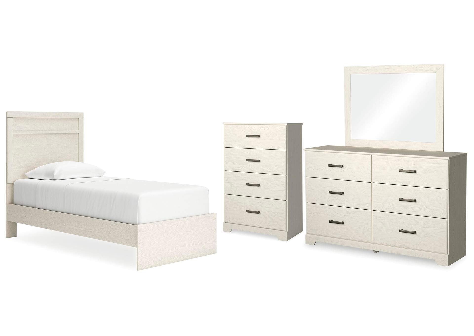 Stelsie Twin Panel Bed with Mirrored Dresser and Chest