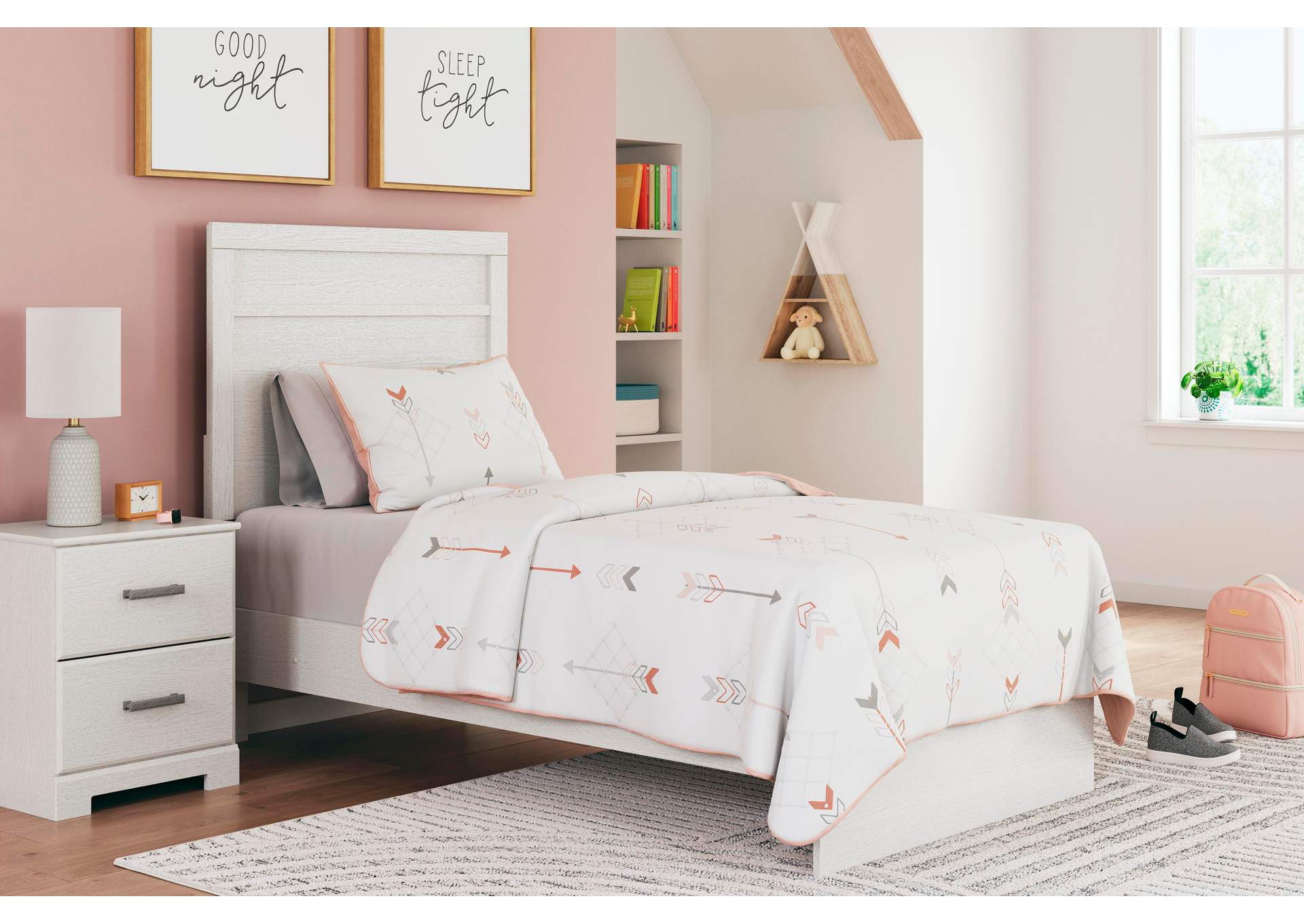 Stelsie Twin Panel Bed with Mirrored Dresser and Chest