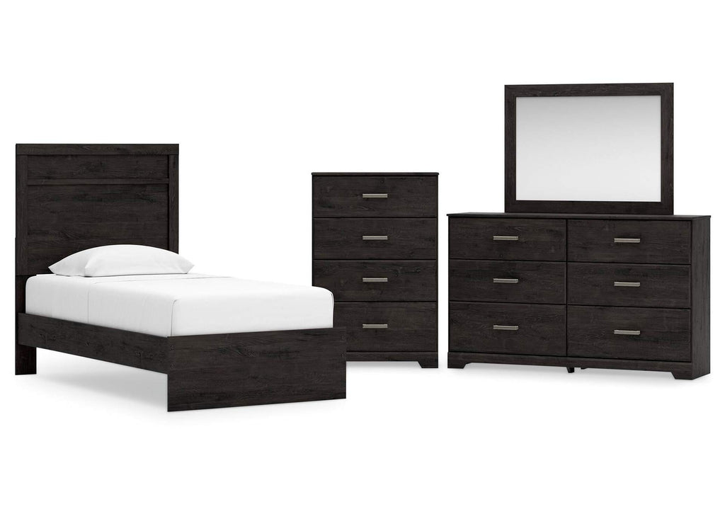 Belachime Twin Panel Bed with Mirrored Dresser and Chest