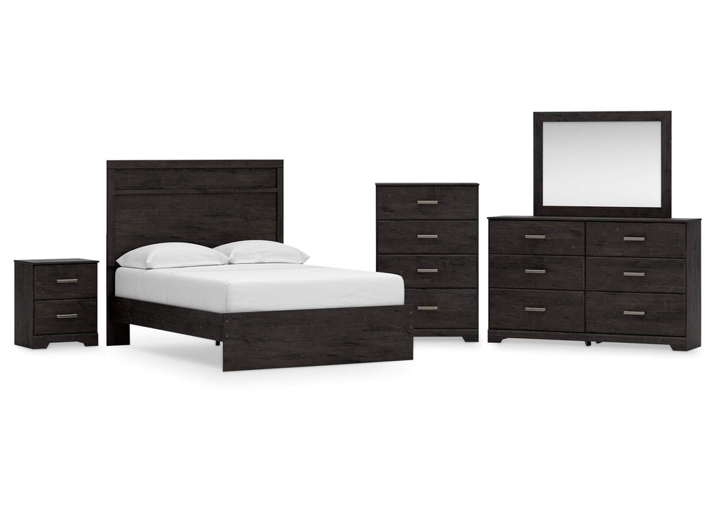 Belachime Full Panel Bed with Mirrored Dresser, Chest and Nightstand