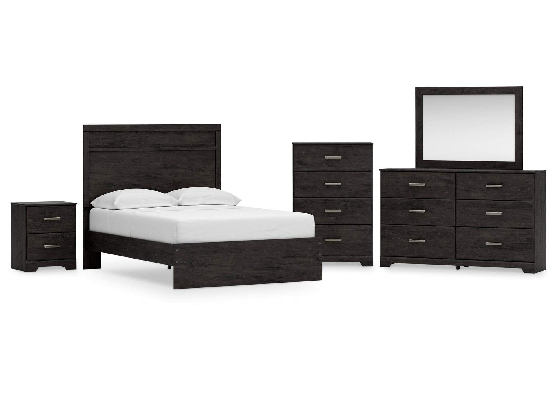 Belachime Full Panel Bed with Mirrored Dresser, Chest and Nightstand