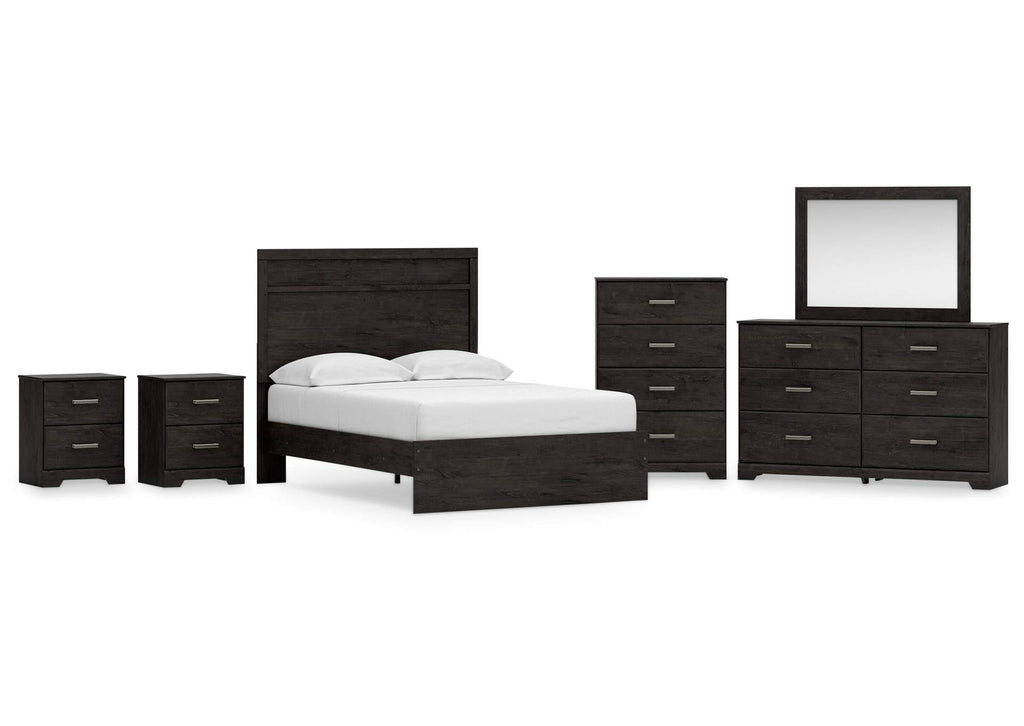 Belachime Full Panel Bed with Mirrored Dresser, Chest and 2 Nightstands