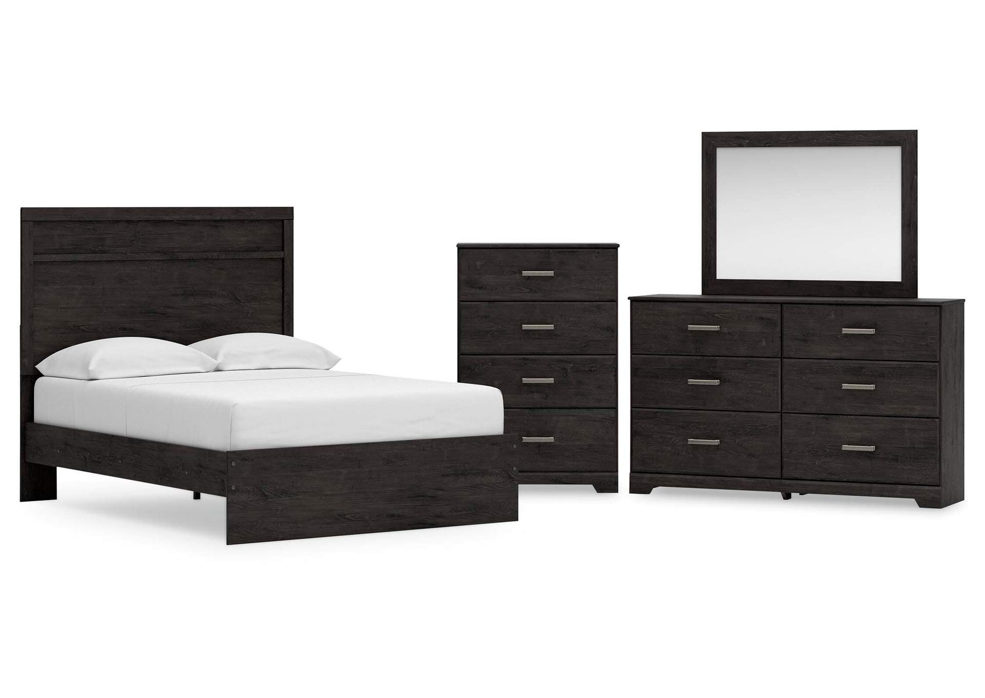 Belachime Full Panel Bed with Mirrored Dresser and Chest