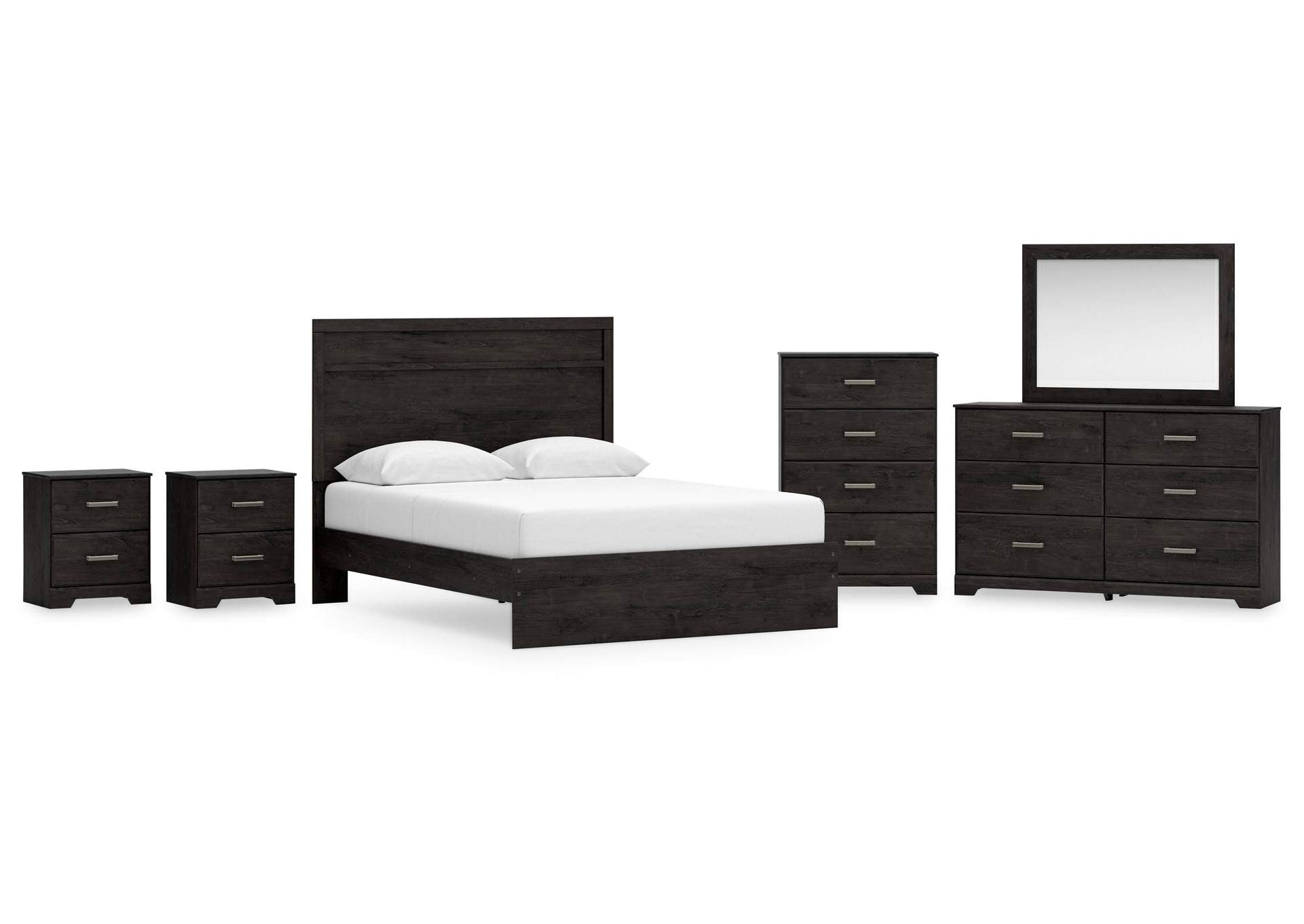 Belachime Queen Panel Bed with Mirrored Dresser, Chest and 2 Nightstands