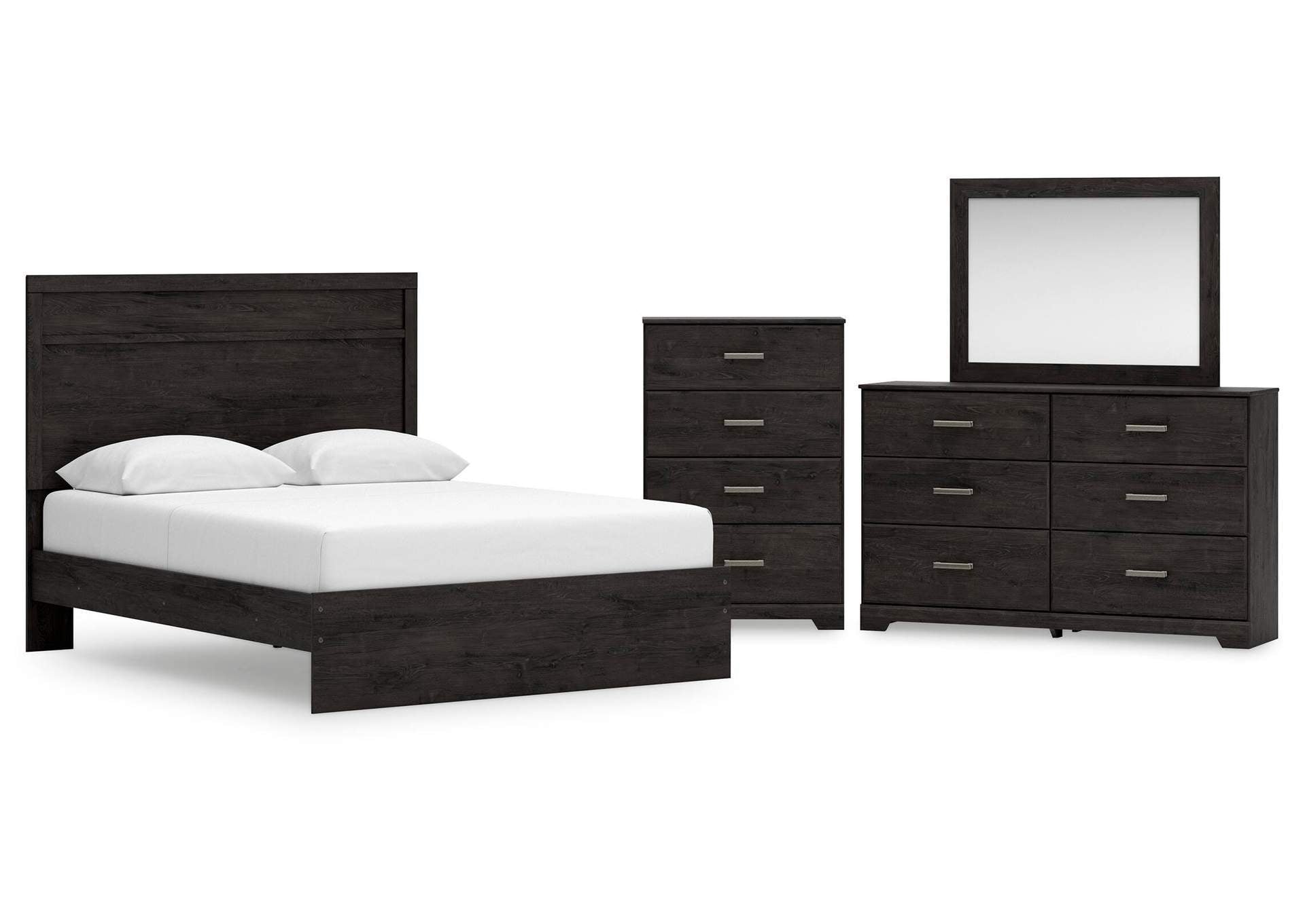 Belachime Queen Panel Bed with Mirrored Dresser and Chest