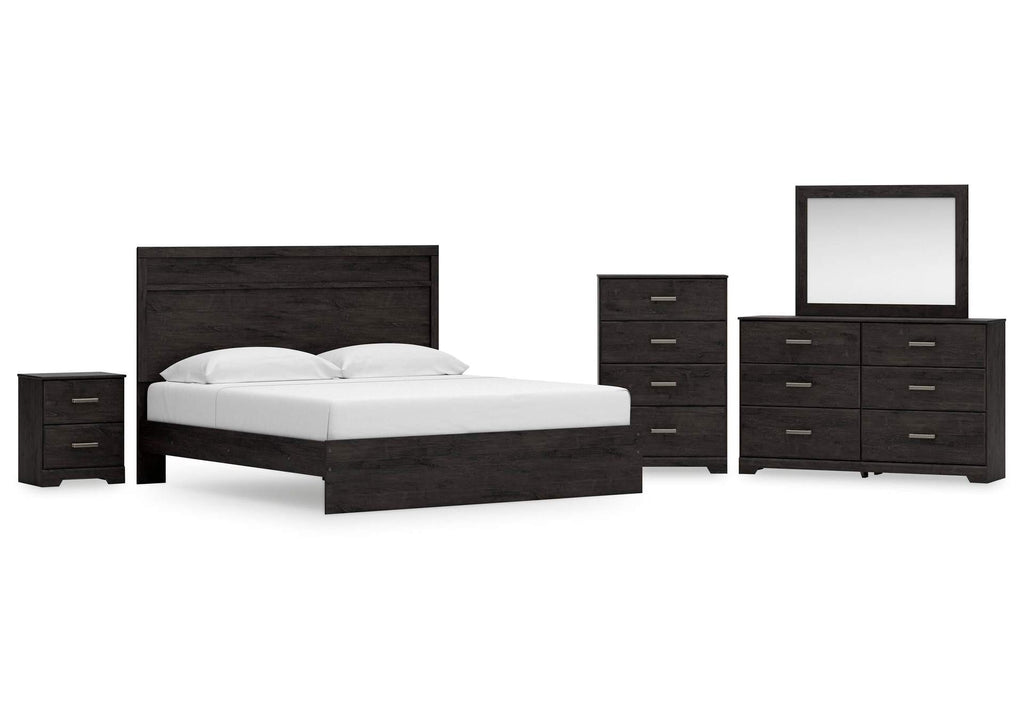 Belachime King Panel Bed with Mirrored Dresser, Chest and Nightstand