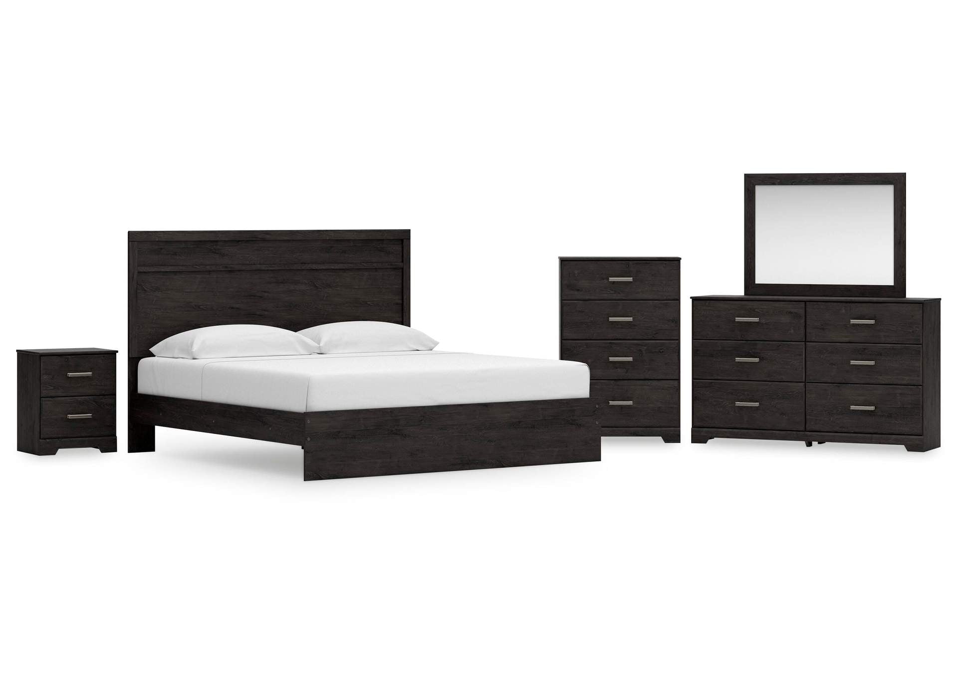 Belachime King Panel Bed with Mirrored Dresser, Chest and Nightstand