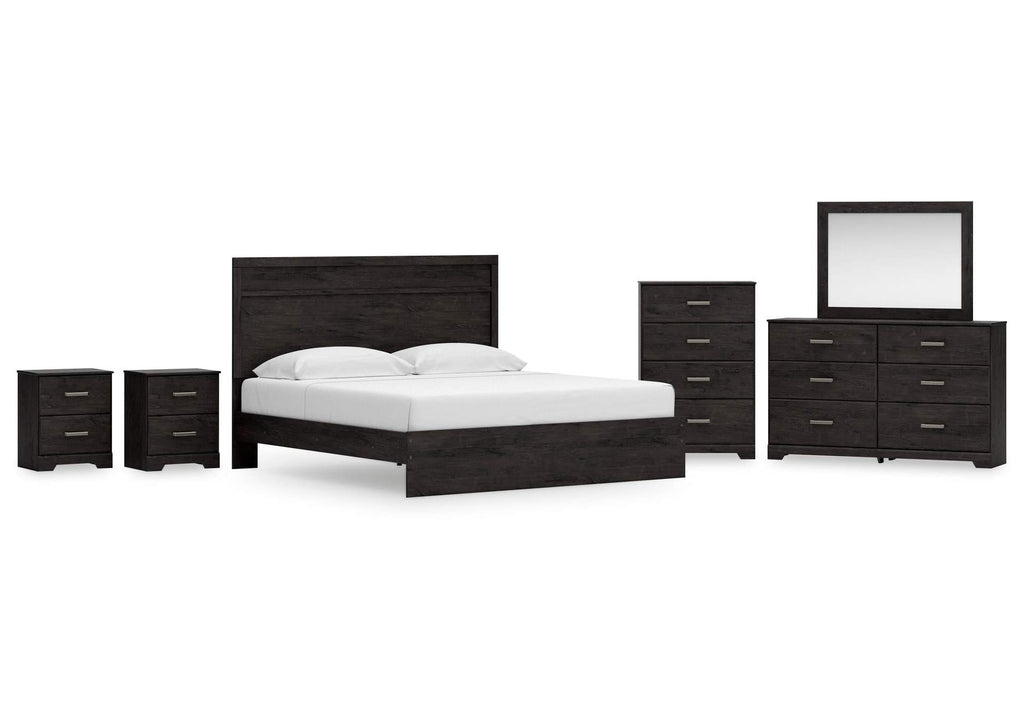 Belachime King Panel Bed with Mirrored Dresser, Chest and 2 Nightstands