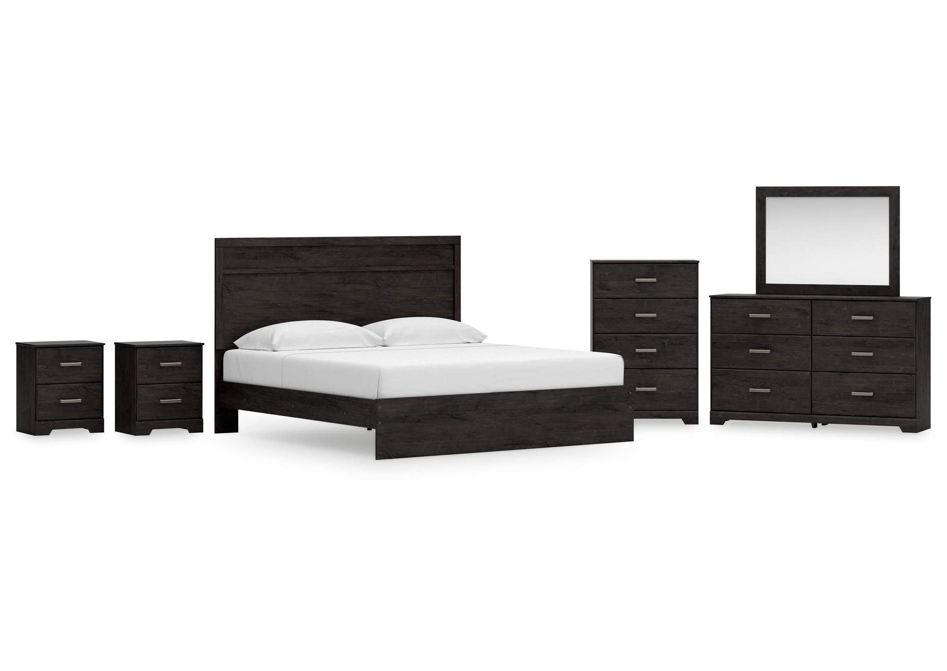 Belachime King Panel Bed with Mirrored Dresser, Chest and 2 Nightstands